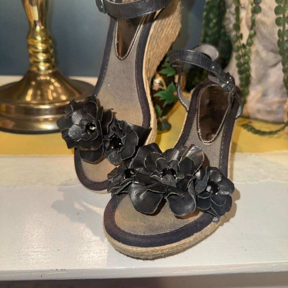 Y2K Black Leather Floral Wedge Sandals